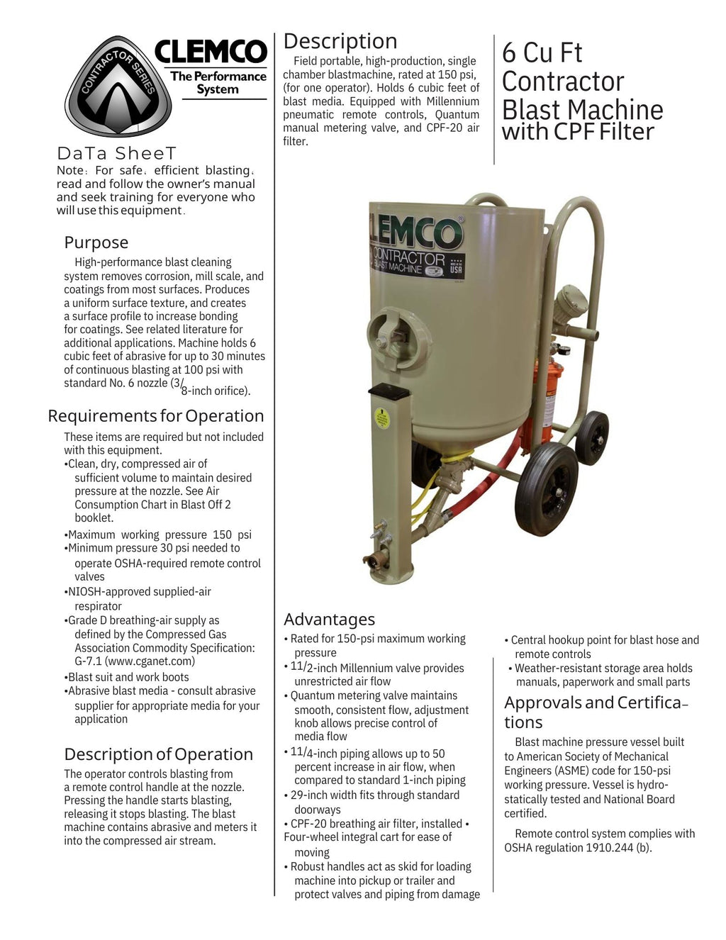 Clemco 21546 Contractor 6 cuft W/Millennium & CPF Portable