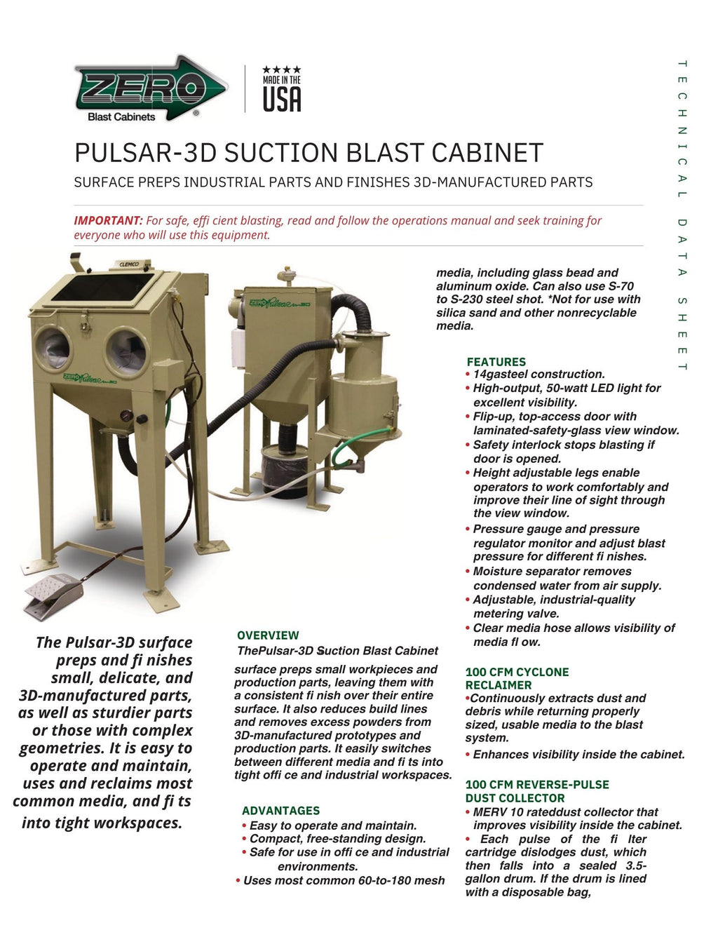 Clemco 29793 Pulsar 3D Blast Cabinet w/Reclaim & Dust Collector