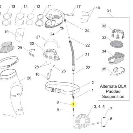 Technical specifications and diagram of an Apollo high-pressure supplied air respirator on a white background clemco part number 00022 listed